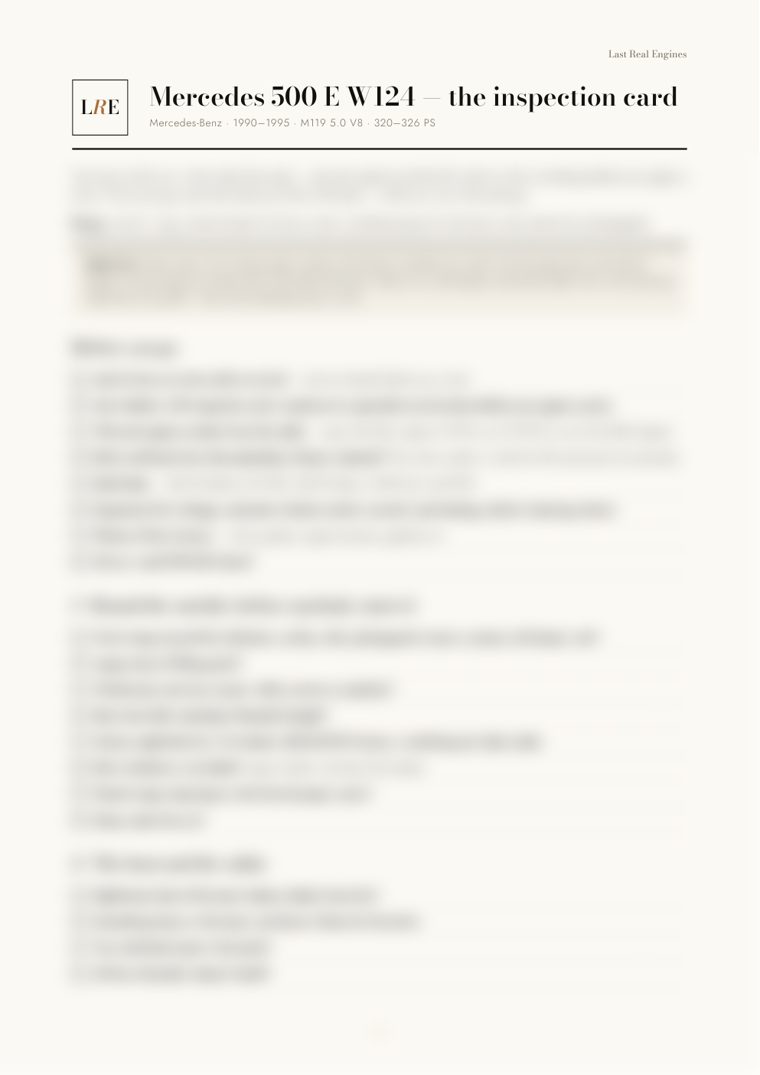 The Mercedes 500 E W124 inspection card