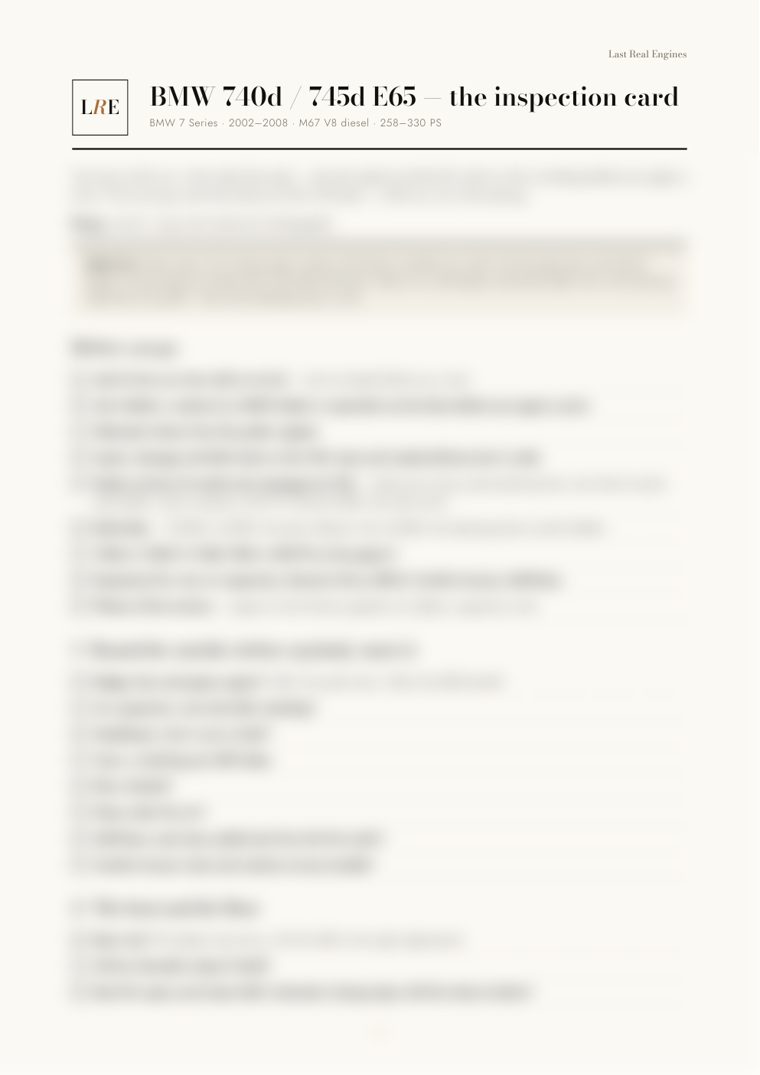 The BMW 740d / 745d E65 inspection card