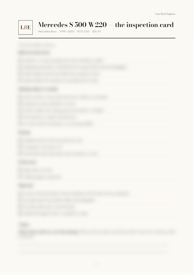The Mercedes S 500 W220 inspection card